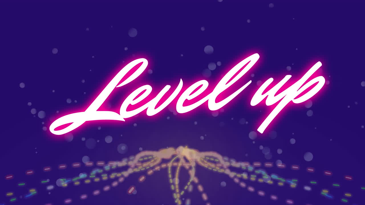 파란색 배경에 움직이는 빛의 점 위에 레벨 업 텍스트의 애니메이션