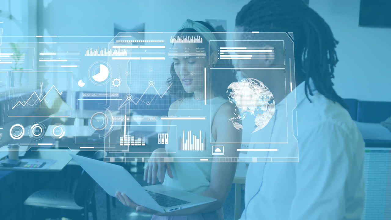 Animation of diagrams and data processing over diverse colleagues discussing work in office