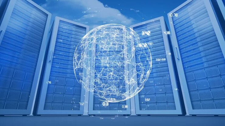 Animation of turning globe surrounded by computer servers