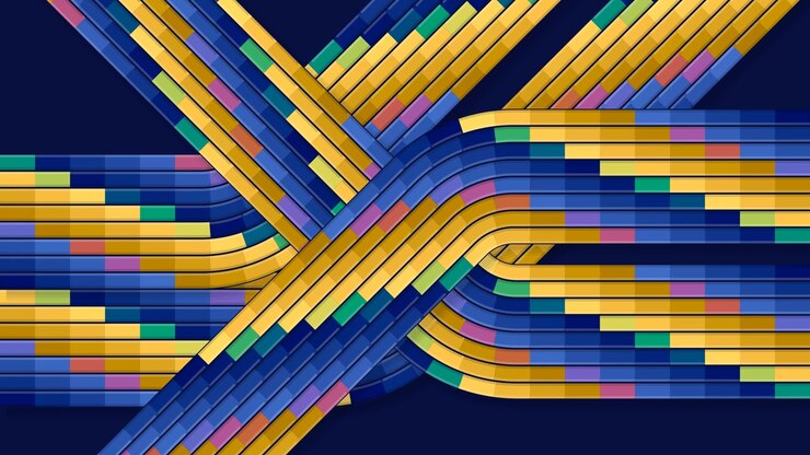 Abstract interwoven network of blue and yellow segmented bands moving on a dark background, segmented ribbons sliding and crossing