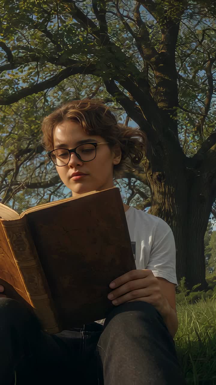 Vertical video: Looking down, girl in white tee and glasses reading worn book in park studying