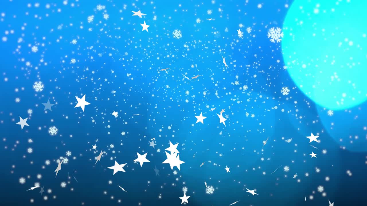 Star shapes drifting on deep blue with cyan bokeh sparking swirling snowflake cascade for winter
