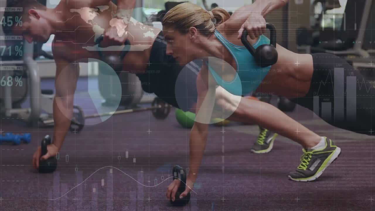 무게로 운동하는 남성과 여성에 대한 통계 및 데이터 처리의 애니메이션
