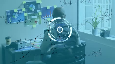 Round scanner and mathematical equations floating against african american man working at office