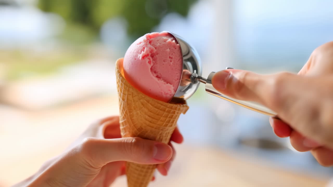 Close-up van handen die roze ijs in een wafelhoorntje scheppen