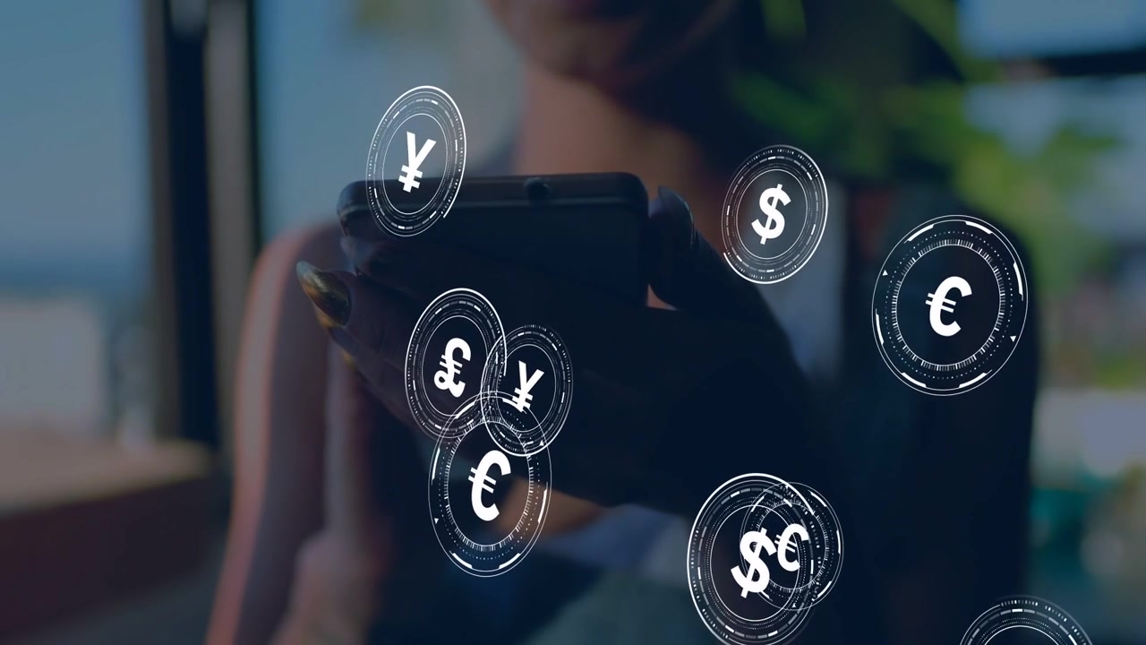 Kvinde holder telefon, tapper og scroller, får ikoner for digital valuta til at dække telefonen til finans.