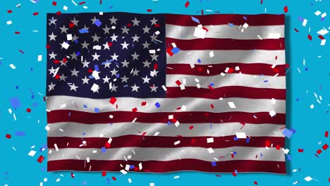 confetti falling over waving american flag against stars on spinning circles on blue background