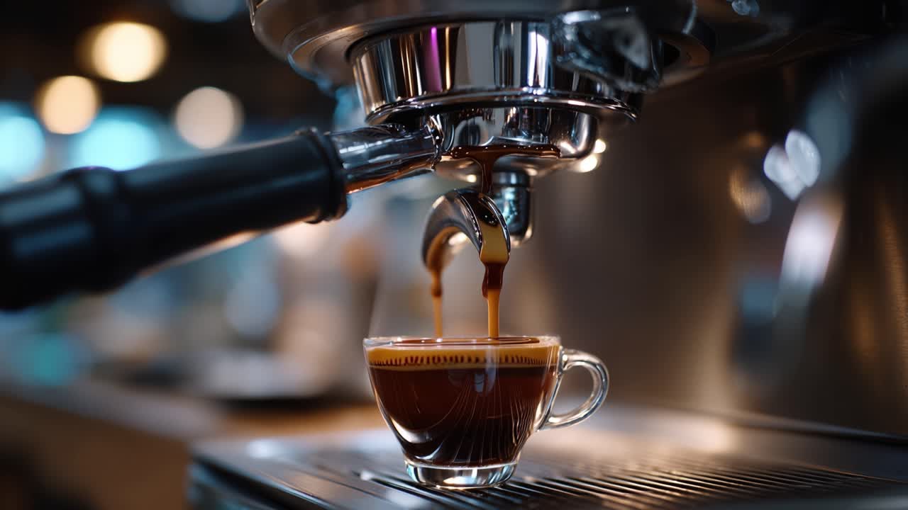 Un ricco espresso scorre in una tazza di vetro trasparente. Una macchina fumante brilla sotto le calde luci del caffè. Il flusso morbido cattura l'essenza della preparazione del caffè. Perfetto per le routine mattutine o le scene accoglienti di un caffè.