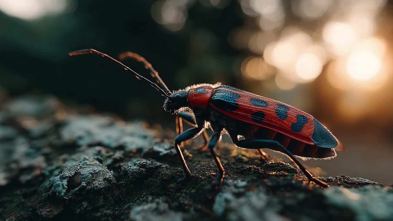 Um primeiro plano vibrante de um inseto deslumbrante vermelho e preto caminhando por uma superfície texturizada ao pôr do sol, capturando a beleza e a complexidade das criaturas da natureza.