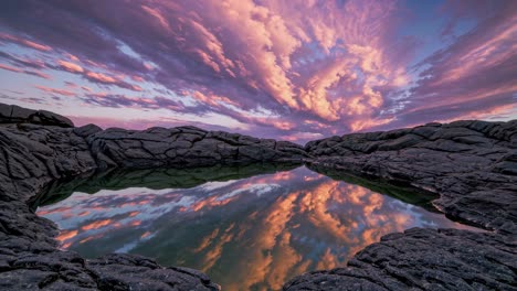 sunset reflection on rocky coastline