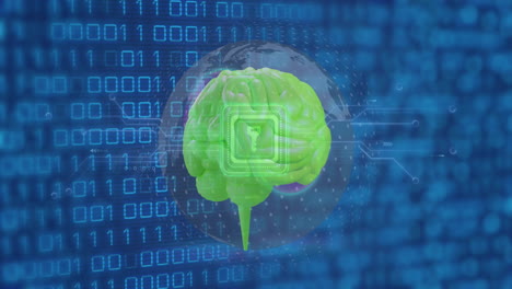 animación del icono clave, el cerebro humano, la codificación binaria y el procesamiento de datos