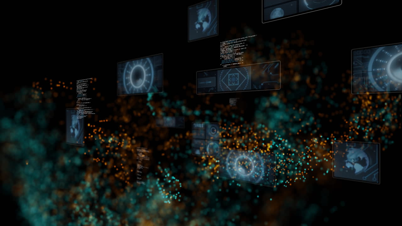 Animation of digital data screens floating over colorful particles in dark space