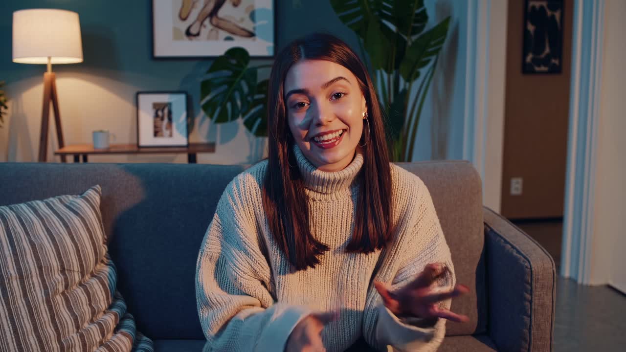 Una donna seduta su un divano in un soggiorno accogliente parla animatamente alla fotocamera