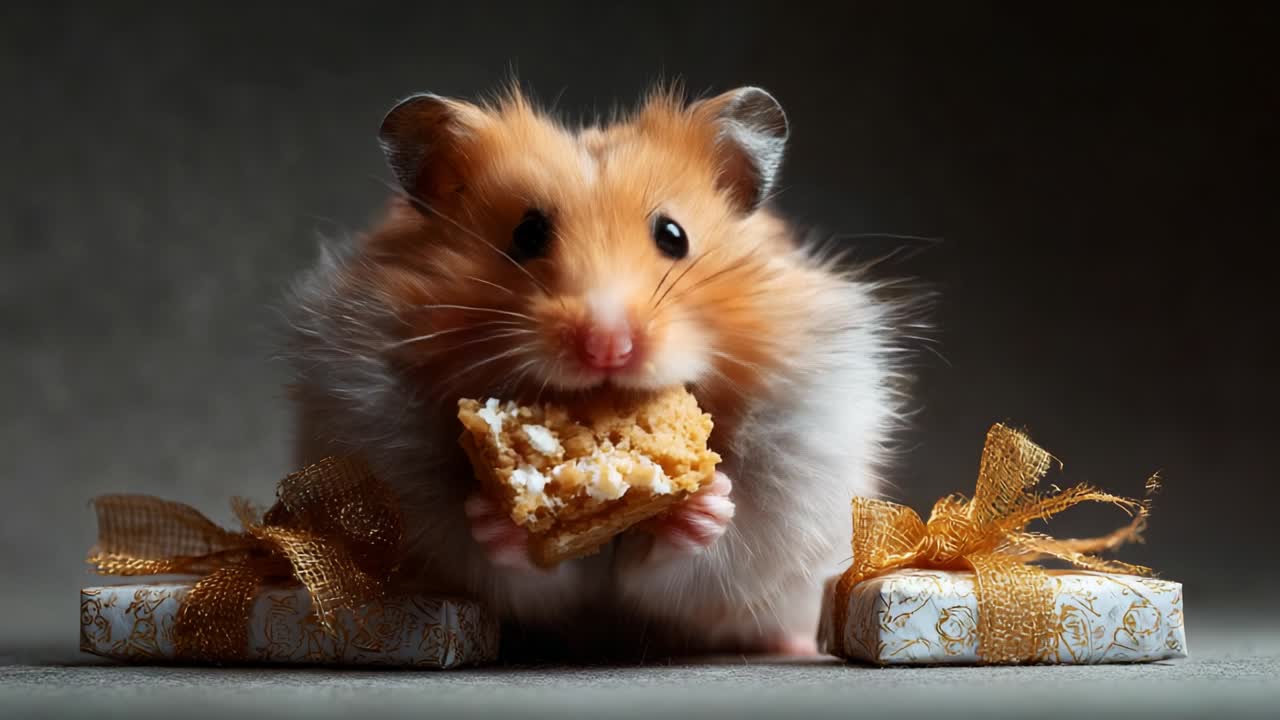 Adorable Hamster Enjoying a Sweet Snack Amidst Colorful Presents: A Charming Display of Cuteness Featuring a Fluffy Rodent Holding a Cookie with Delicate Wrapping and Ribbons in a Cozy Setting