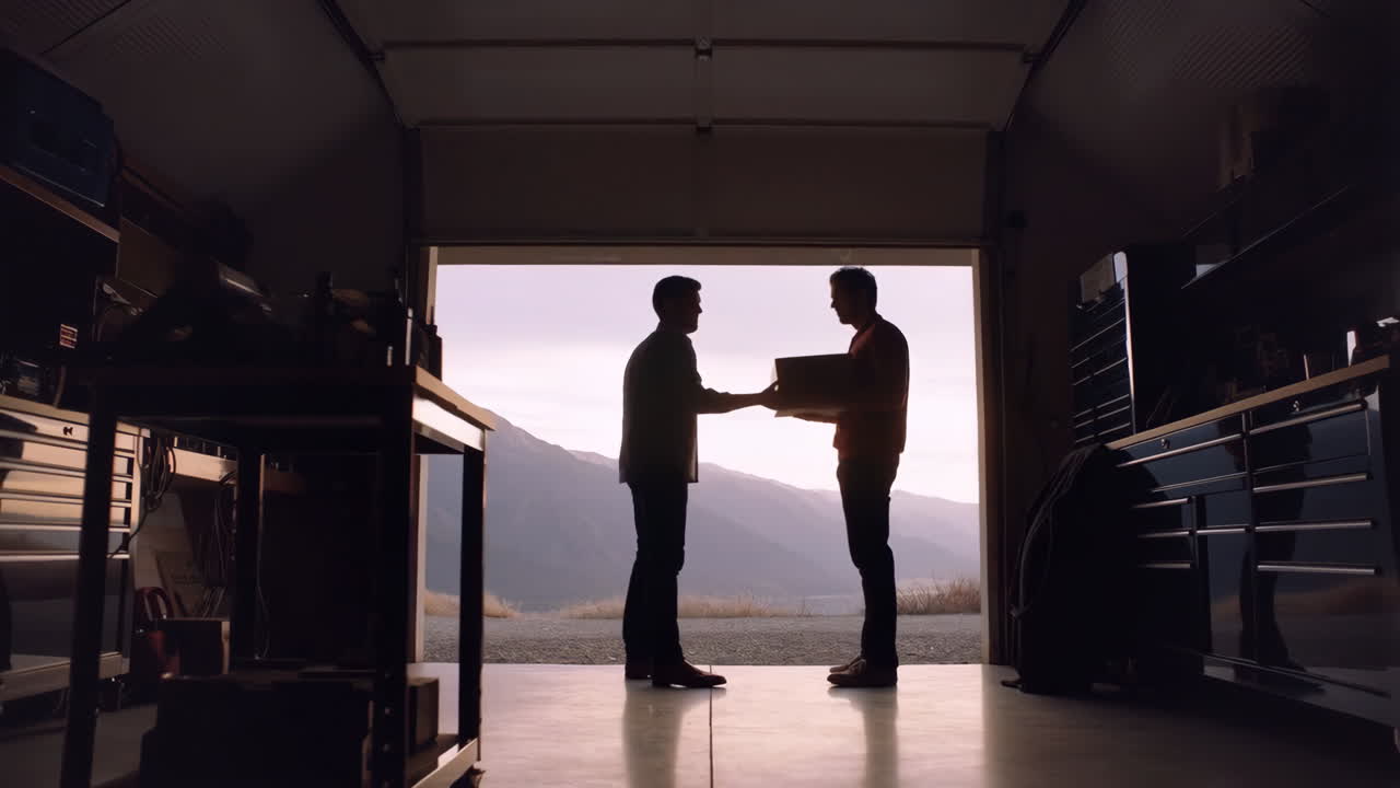 Two Men Exchange a Box in a Silhouetted Garage Workshop with Mountain View