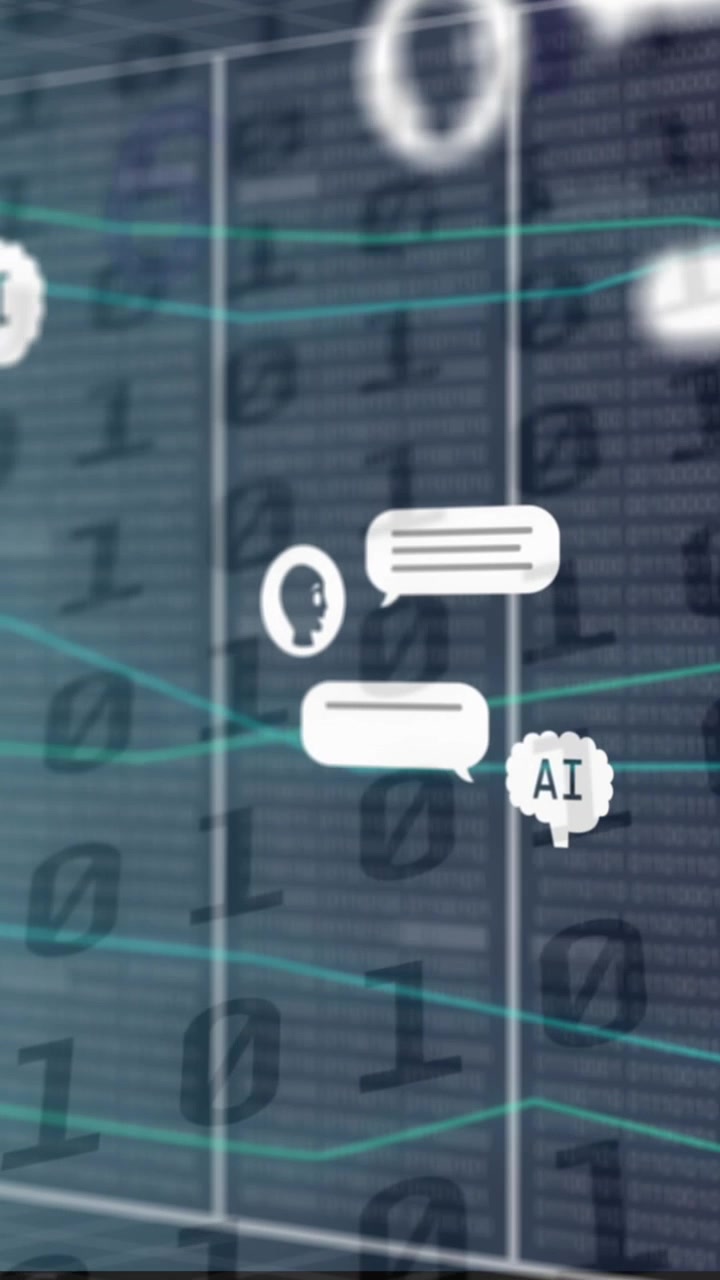Animation af AI-data, chat og ikoner og binær kode