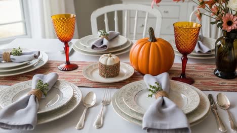 a beautifully set autumn table display featuring elegant dinnerware, seasonal decorations, and warm tones for a cozy gathering experience