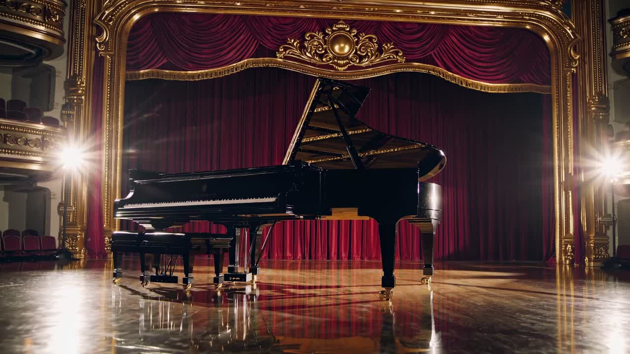 Grand piano on a polished stage with ornate theater backdrop