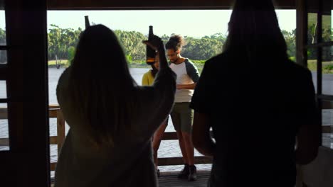 friends having fun in cabin 4k