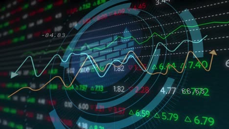 Animation-of-firewall-icon-over-round-scanner-against-stock-market-data-processing