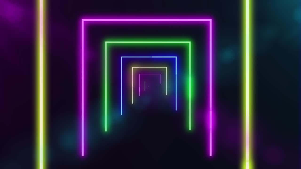 fondo abstracto con túnel de neón líneas brillantes formas geométricas, animación en bucle luces de color bucle de cuadrícula con fondo borroso
