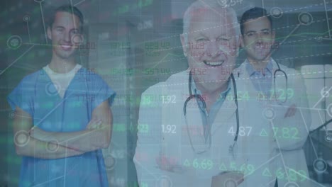 Animation-of-connected-dots,-trading-board-over-diverse-doctors-standing-arms-crossed-in-hospital