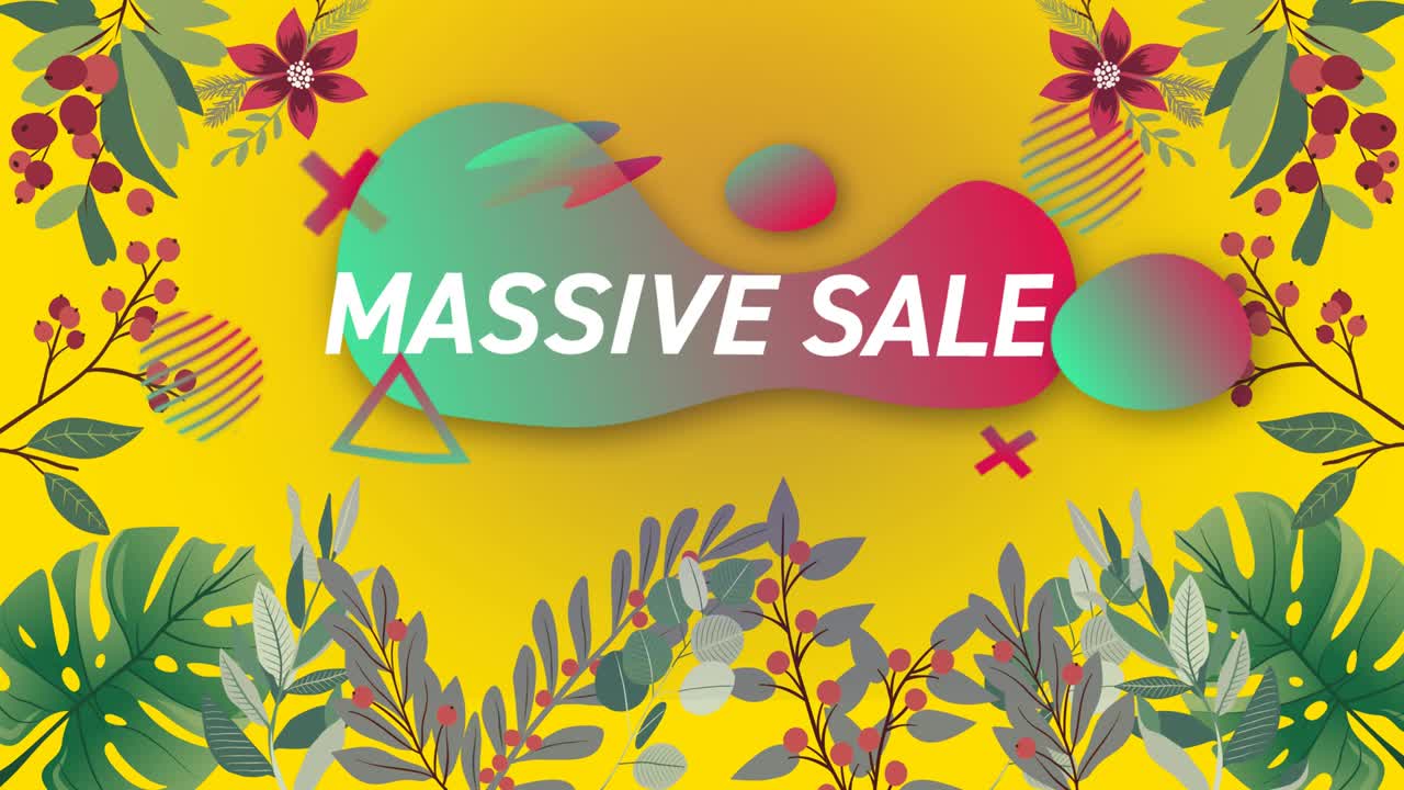 animación de texto de venta masiva sobre flores que se mueven en movimiento hipnótico