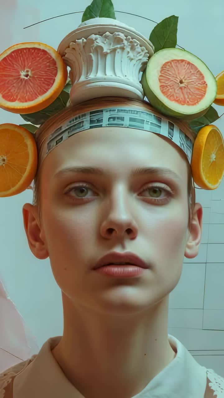 Vertical video: Rotating citrus slices and cherubs around woman wearing capital headpiece in studio