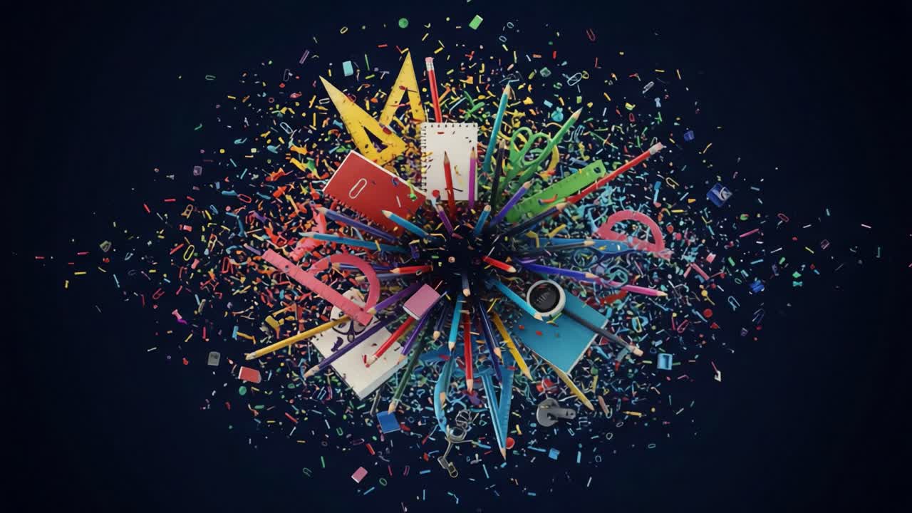 A vibrant explosion of colorful stationery and creative supplies creating an exciting visual effect, representing creativity and dynamism in art and design