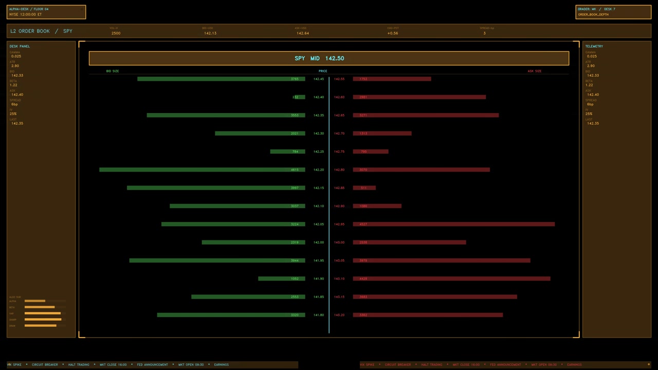 An amber financial HUD element displaying a real time L2 order book with fluctuating green bid and red ask data bars. Loops seamlessly as a transparent overlay for trading and fintech videos