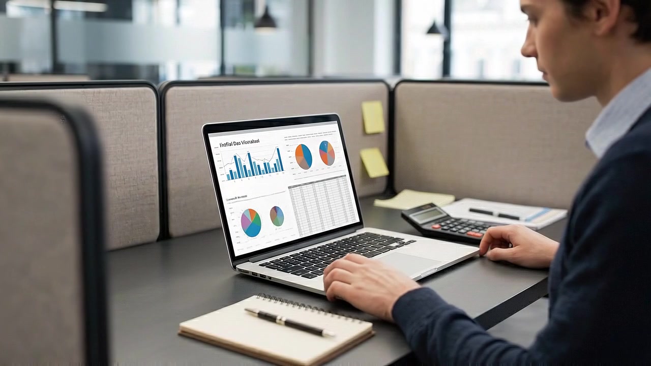 Professional Man Analyzing Financial Data on Laptop in Office