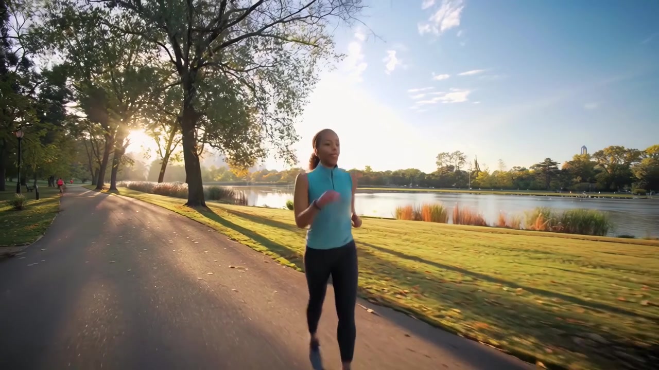 Giovane donna che corre in un parco durante l'ora d'oro
