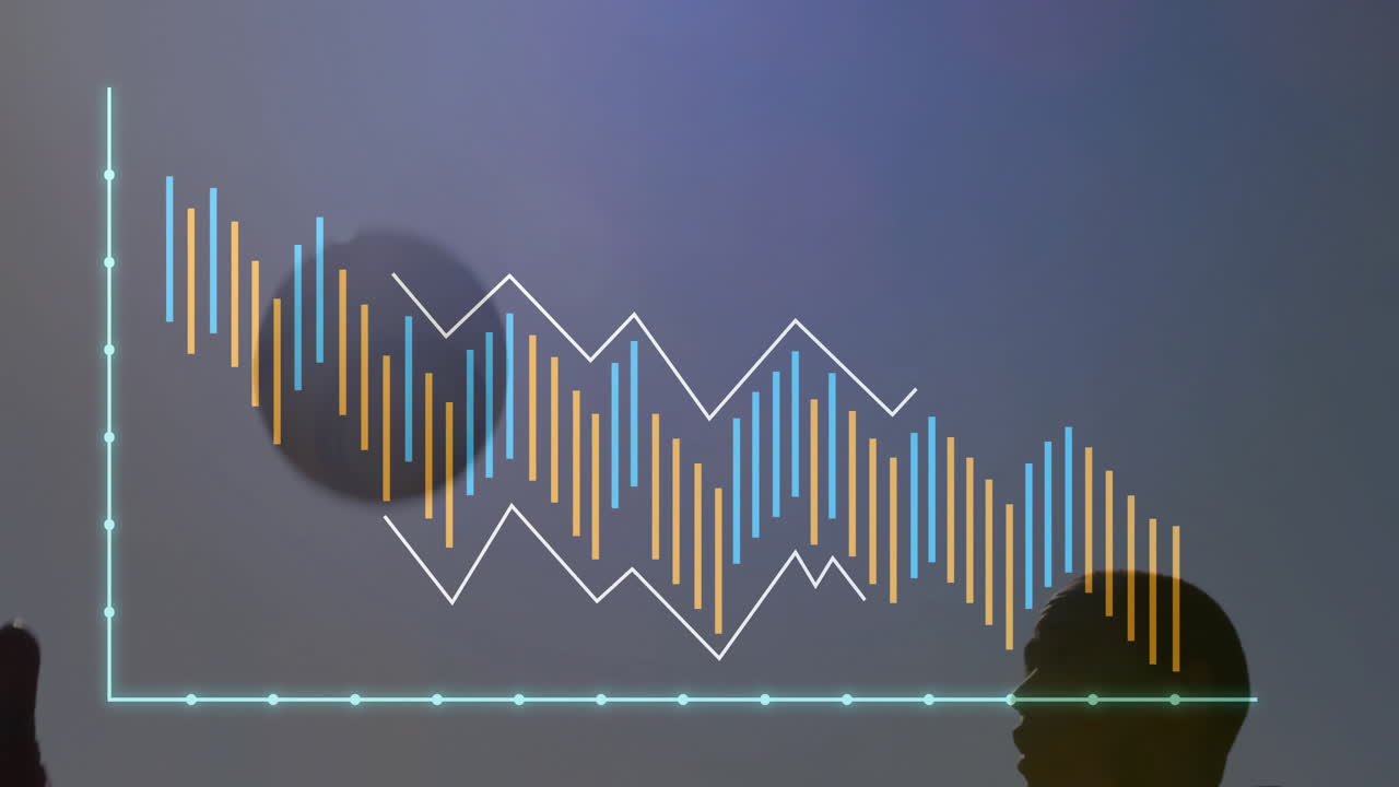 Man silhouette examining data in tech briefing, showing animated bar charts and line graph