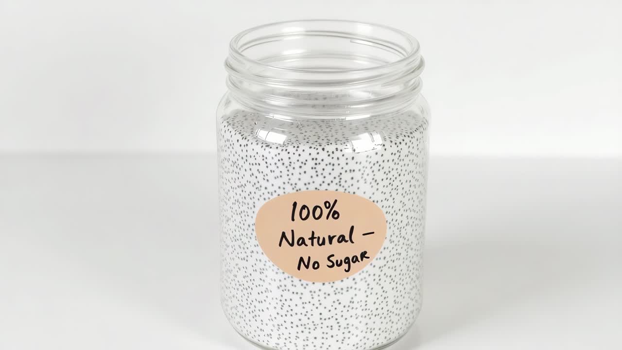 Organic chia seeds filling glass container, displaying natural label highlighting nutritional benefits and clean eating concept