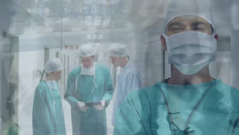 animation of timelapse with walking people over biracial male surgeon in face mask