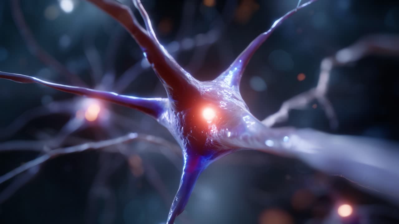 High-resolution visualization of a neuron, showcasing its structure, synaptic connections, and electrical impulses in a vibrant and dynamic neural network environment