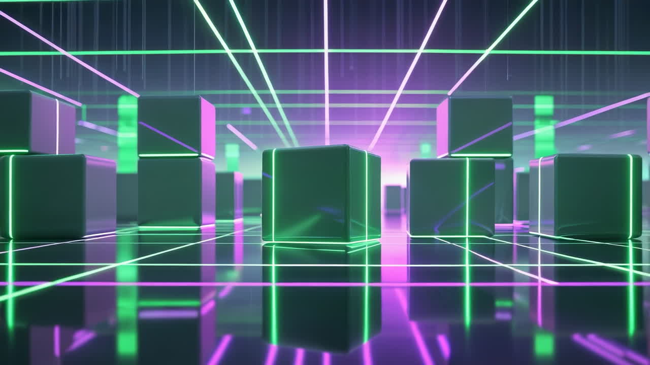 Abstract Neon Cubes and Grid with Glowing Lines
