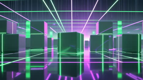 abstract neon cubes and grid with glowing lines
