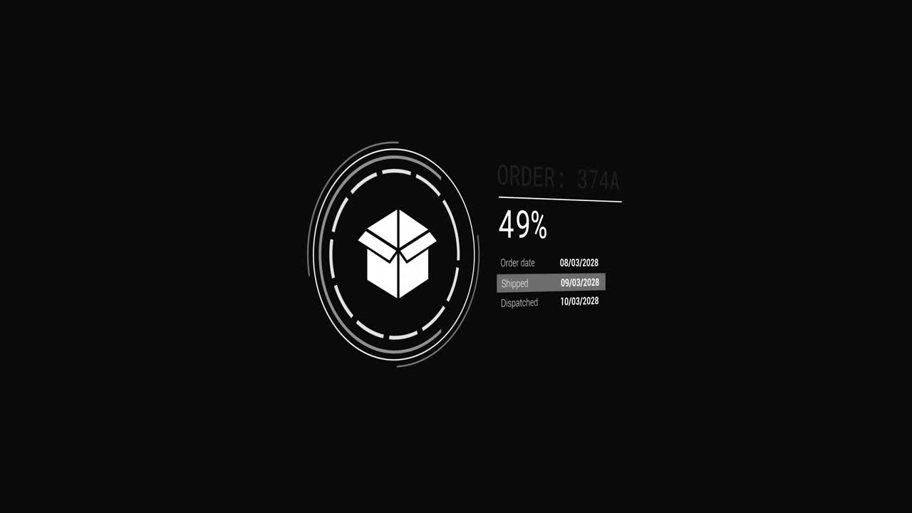 Animation of icons with data processing over on black background