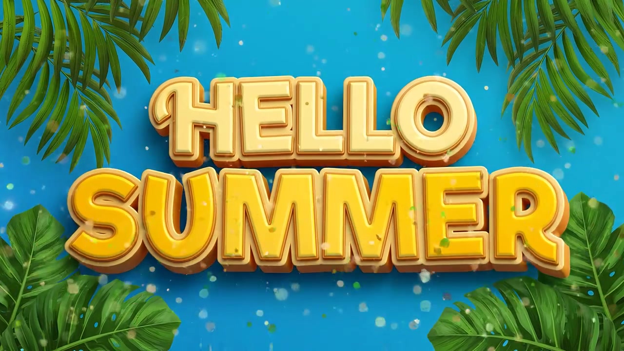 Hello Summer Greeting Animation with Luxury Gold and Blue Typography and Tropical Beach Background