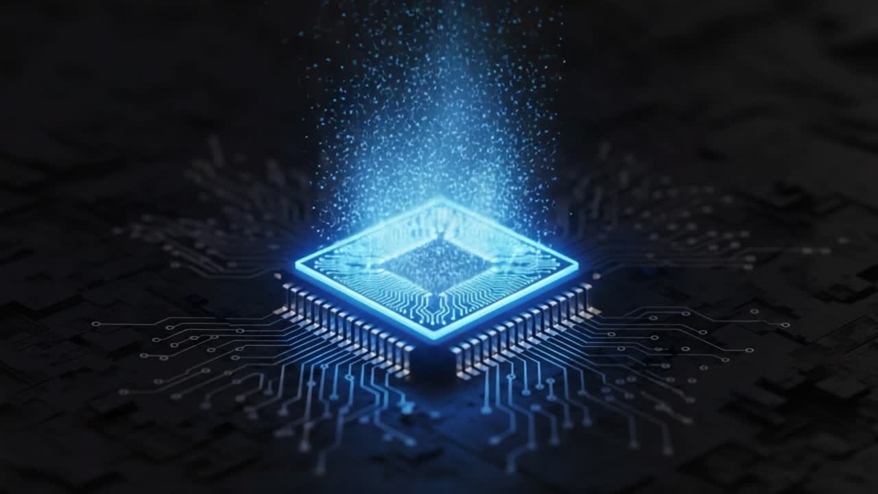 Dynamic Evolution of a High-Tech Microchip Illuminating with Energy as it Transmits Data Using Advanced Technologies and Innovative Design in a Digital Environment