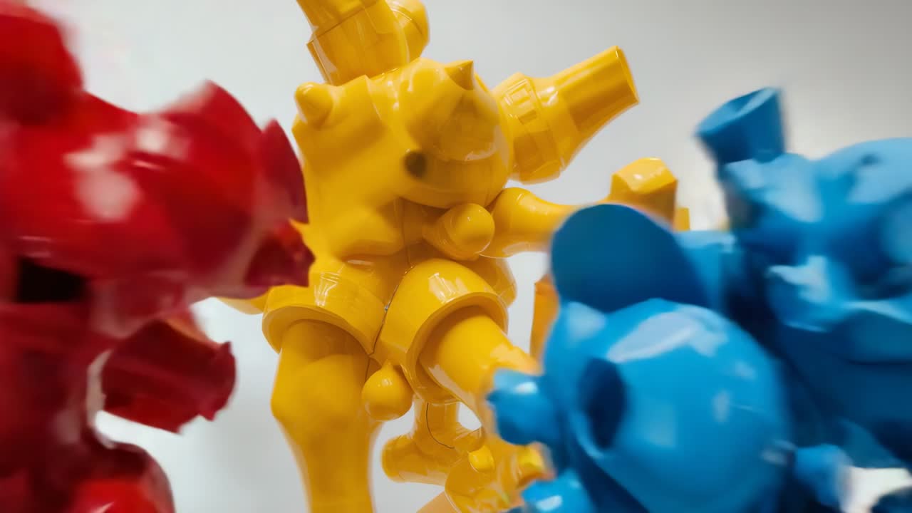 After pausing, rotating red sphere shifting toward yellow sphere beside blue one on white backdrop