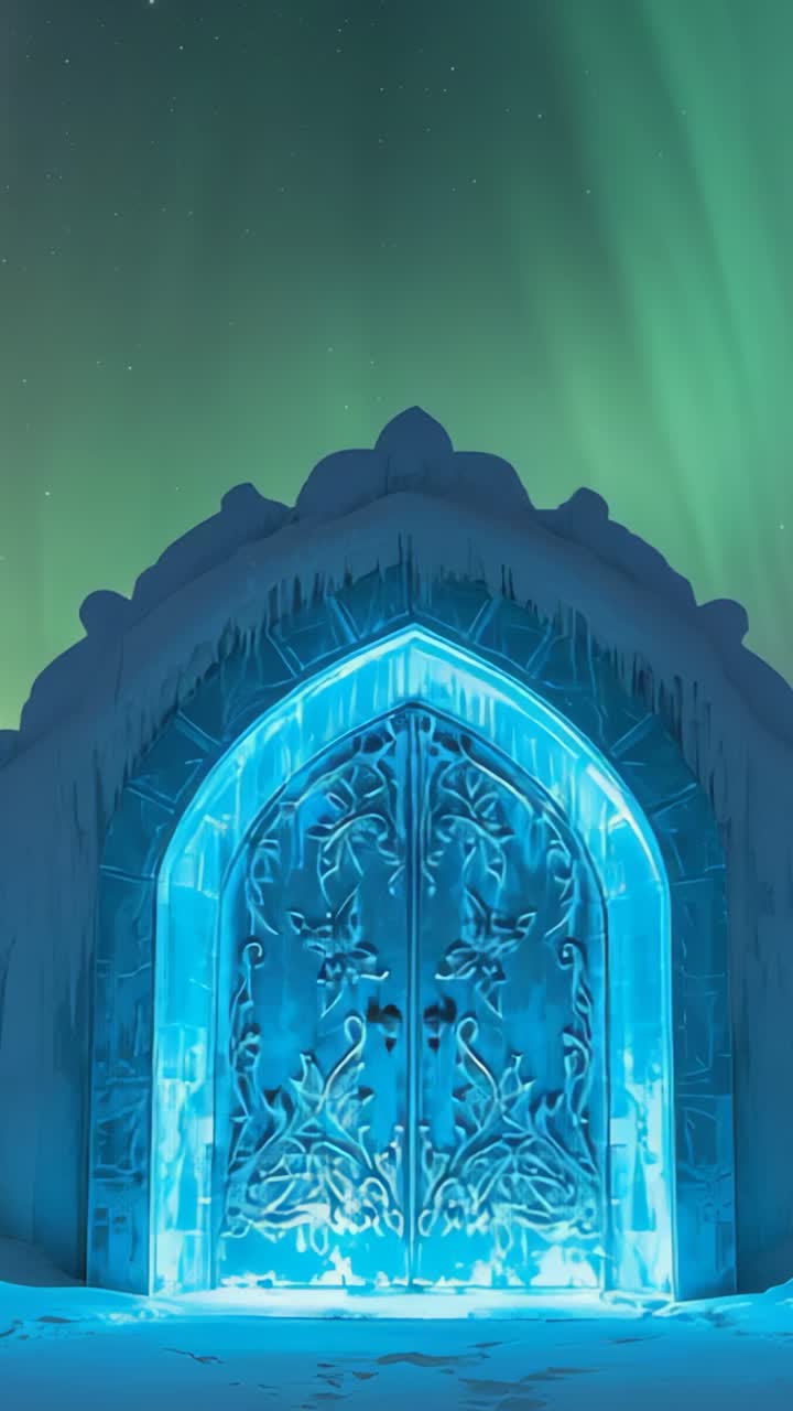 Vertical video: Aurora drifting over frozen courtyard triggers ice door pulsing with glow in snow