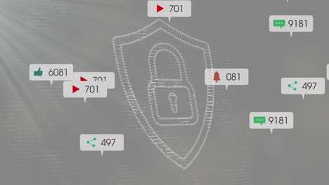 animación de iconos, cambios de números en las barras de notificación sobre el candado en el escudo sobre fondo gris