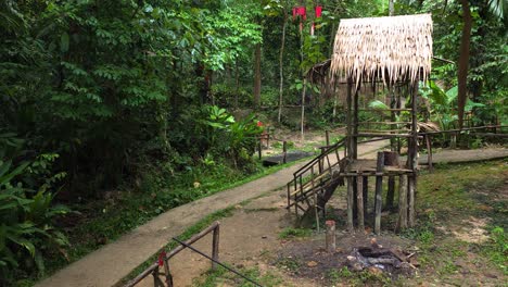 a paved pathway leads through a forest clearing towards a small elevated traditional hut with a thatched roof in mari mari cultural village, kota kinabalu, malaysia