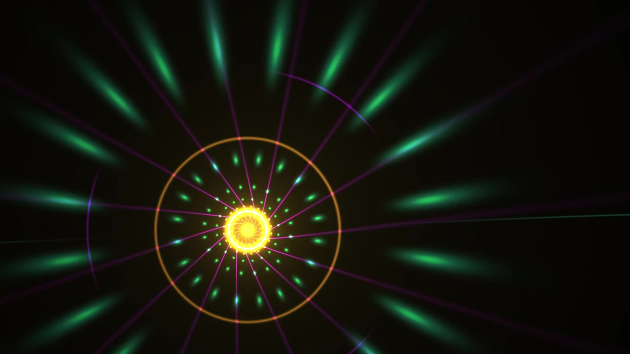 Spirale astratta luminosa con raggi di luce verdi e viola rotanti