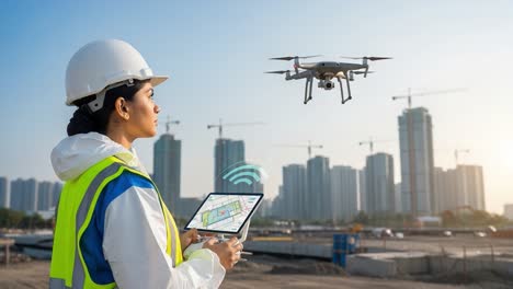 a construction engineer operates a drone on a development site, utilizing technology for surveying and monitoring as urban buildings rise in the background.