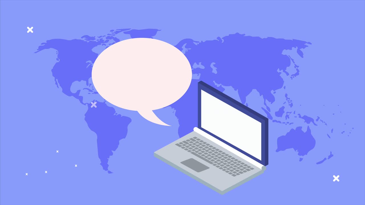 animación de análisis de datos del servidor con computadora portátil y burbuja de voz en mapas