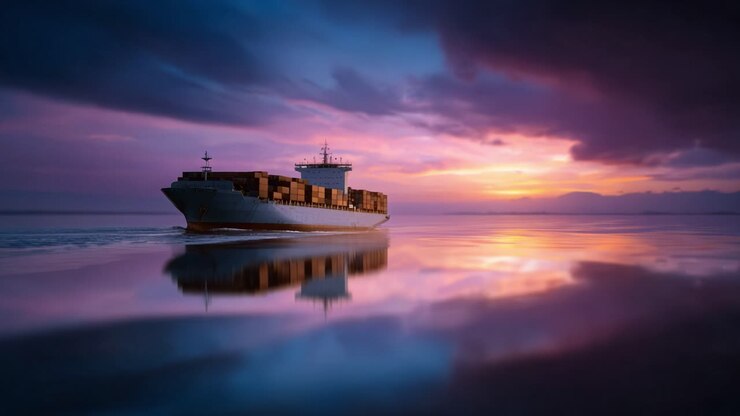 A Container Ship Navigating Calm Waters at Dusk, Illuminated by a Beautiful Sunset With Vibrant Colors Reflecting on the Serene Surface of the Water