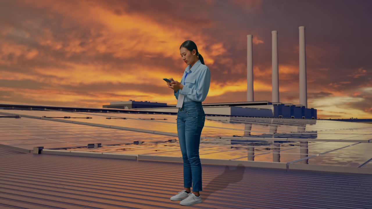 Vista lateral de cuerpo completo de una trabajadora asiática con su teléfono, inspeccionando paneles solares en la azotea al atardecer. Observa el entorno antes de concentrarse en su smartphone.